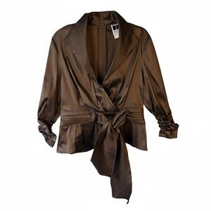 Tadashi Shoji Satin Brown Wrap Blouse Size 14 Vintage 90s Y2K Holiday Cocktail